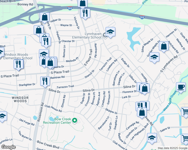 map of restaurants, bars, coffee shops, grocery stores, and more near 304 Appian Avenue in Virginia Beach