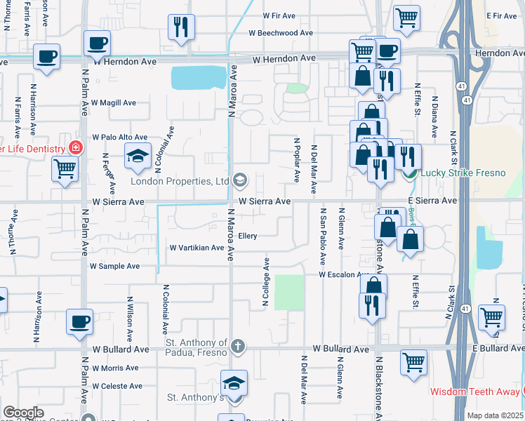 map of restaurants, bars, coffee shops, grocery stores, and more near 317 West Sierra Avenue in Fresno