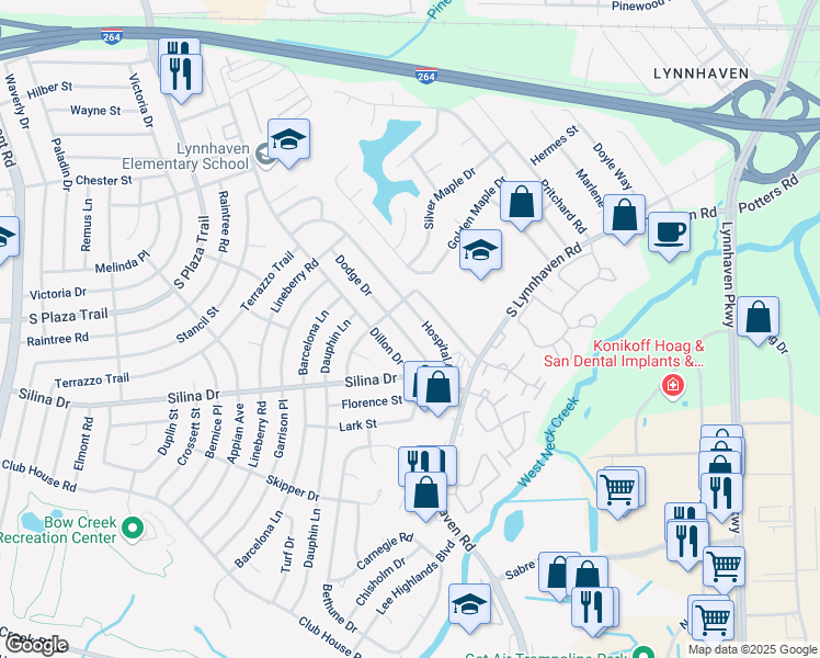 map of restaurants, bars, coffee shops, grocery stores, and more near 360 Dodge Drive in Virginia Beach