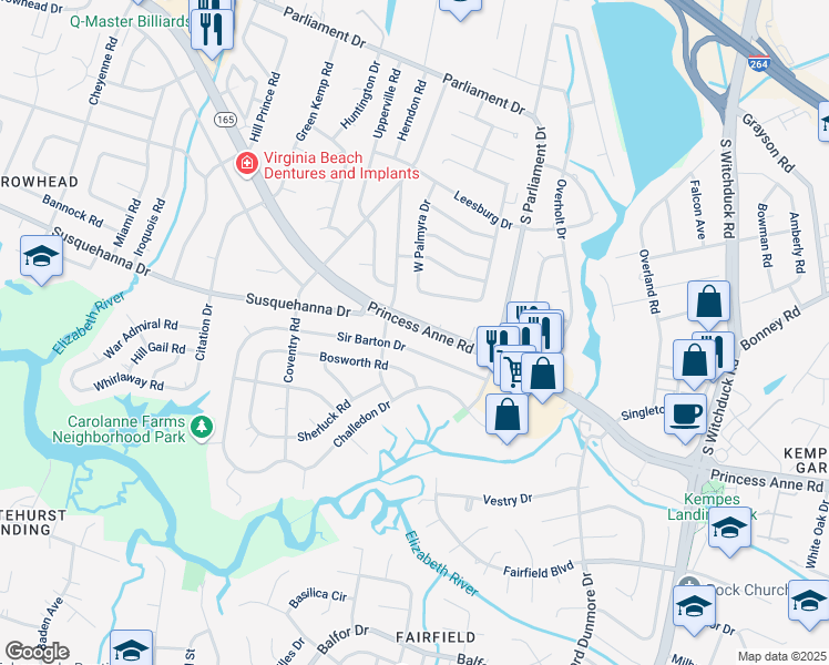 map of restaurants, bars, coffee shops, grocery stores, and more near 5345 Princess Anne Road in Virginia Beach