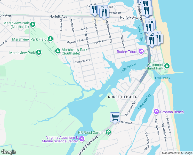 map of restaurants, bars, coffee shops, grocery stores, and more near 101 Caribbean Avenue in Virginia Beach