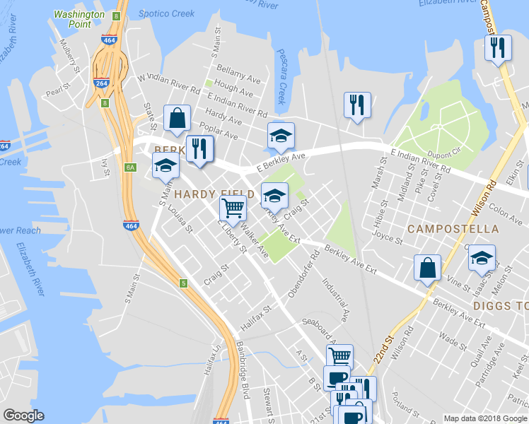map of restaurants, bars, coffee shops, grocery stores, and more near 625 Culpepper Street in Norfolk