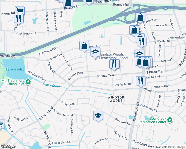 map of restaurants, bars, coffee shops, grocery stores, and more near 3768 South Plaza Trail in Virginia Beach
