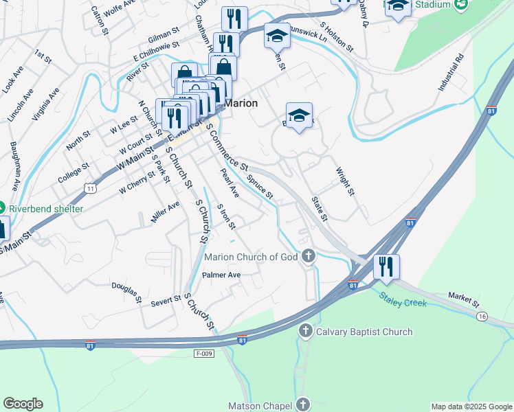 map of restaurants, bars, coffee shops, grocery stores, and more near 451 Pearl Avenue in Marion