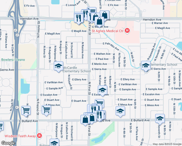 map of restaurants, bars, coffee shops, grocery stores, and more near 6366 North First Street in Fresno