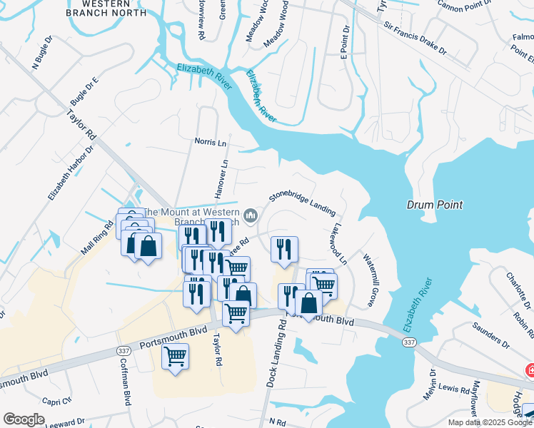 map of restaurants, bars, coffee shops, grocery stores, and more near 2529 Meadows Landing in Chesapeake