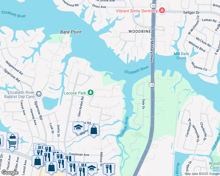 map of restaurants, bars, coffee shops, grocery stores, and more near 936 Le Cove Dr in Virginia Beach