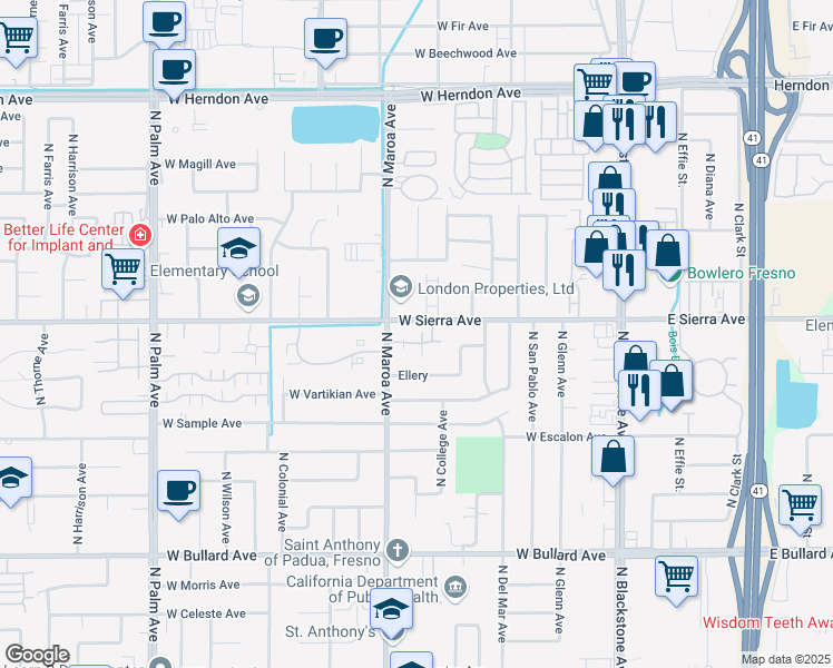 map of restaurants, bars, coffee shops, grocery stores, and more near 317 West Sierra Avenue in Fresno