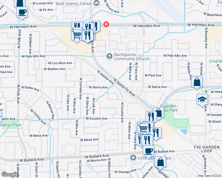 map of restaurants, bars, coffee shops, grocery stores, and more near 4588 West Tenaya Avenue in Fresno