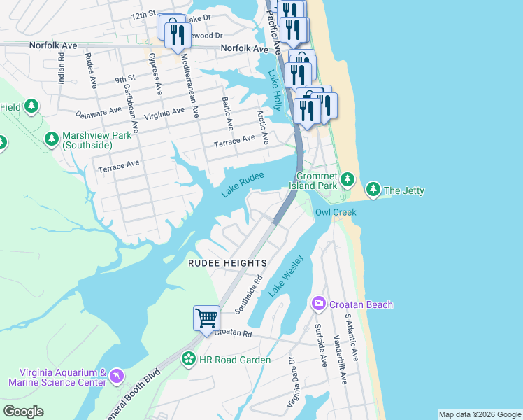 map of restaurants, bars, coffee shops, grocery stores, and more near 423 Harbour Point in Virginia Beach