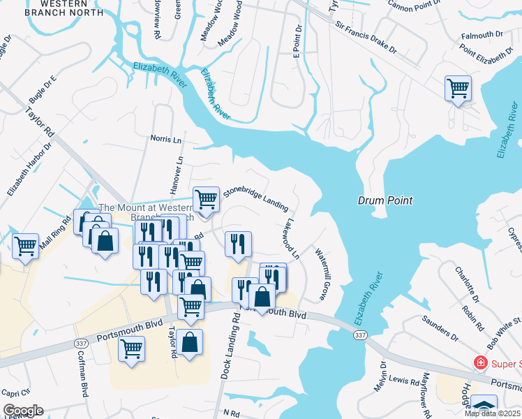 map of restaurants, bars, coffee shops, grocery stores, and more near 2640 Meadows Landing in Chesapeake