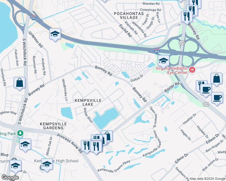 map of restaurants, bars, coffee shops, grocery stores, and more near 4614 Marlwood Way in Virginia Beach