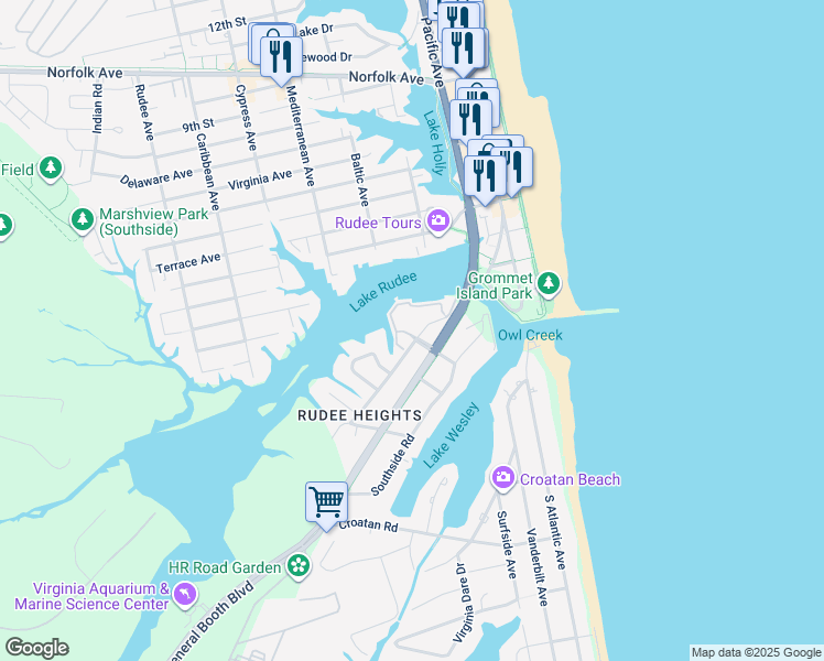 map of restaurants, bars, coffee shops, grocery stores, and more near 409 Harbour Point in Virginia Beach
