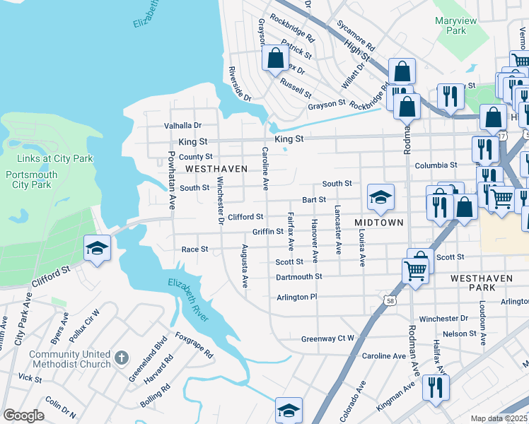 map of restaurants, bars, coffee shops, grocery stores, and more near 4300 Clifford Street in Portsmouth