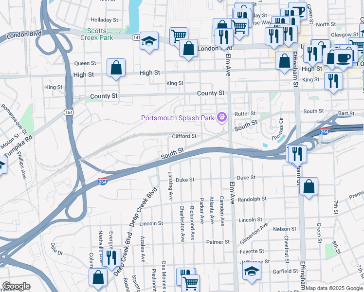map of restaurants, bars, coffee shops, grocery stores, and more near 1126 Richmond Avenue in Portsmouth