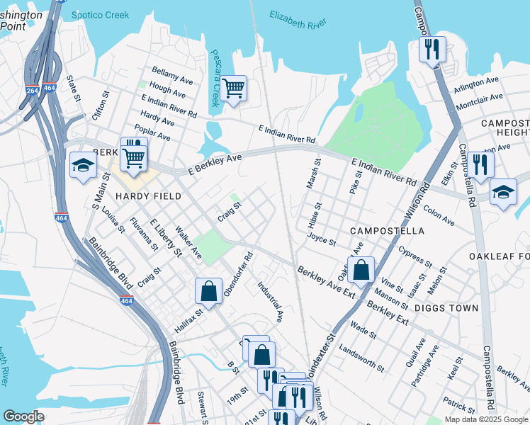 map of restaurants, bars, coffee shops, grocery stores, and more near 908 Fairfield Street in Norfolk