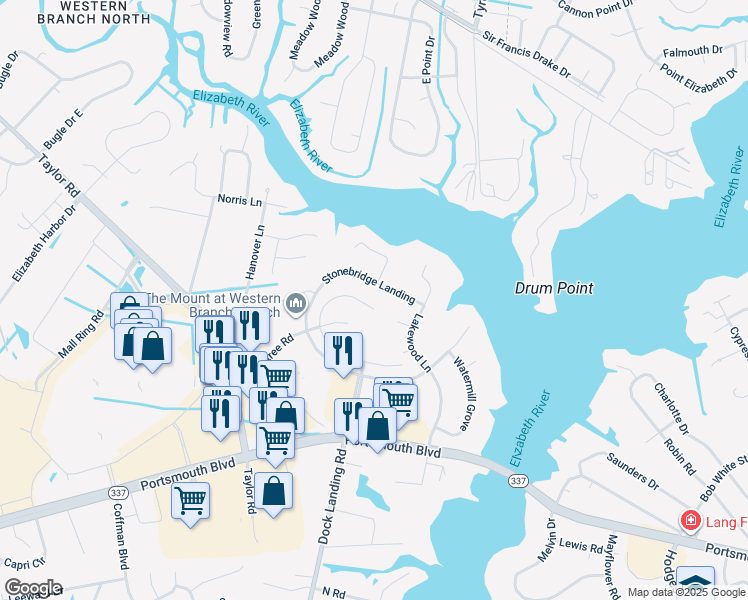 map of restaurants, bars, coffee shops, grocery stores, and more near 2638 Meadows Landing in Chesapeake