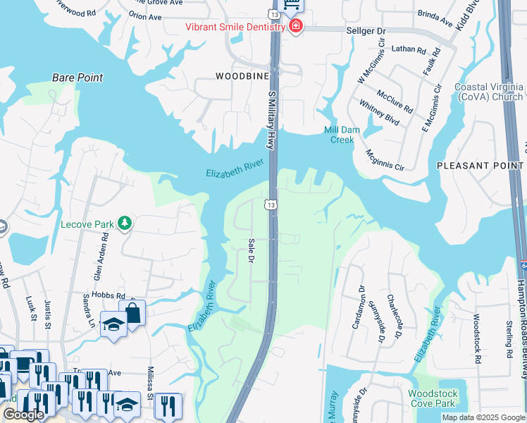 map of restaurants, bars, coffee shops, grocery stores, and more near 409 South Military Highway in Virginia Beach