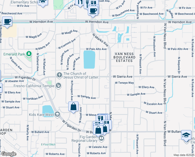 map of restaurants, bars, coffee shops, grocery stores, and more near 6385 North Lead Avenue in Fresno