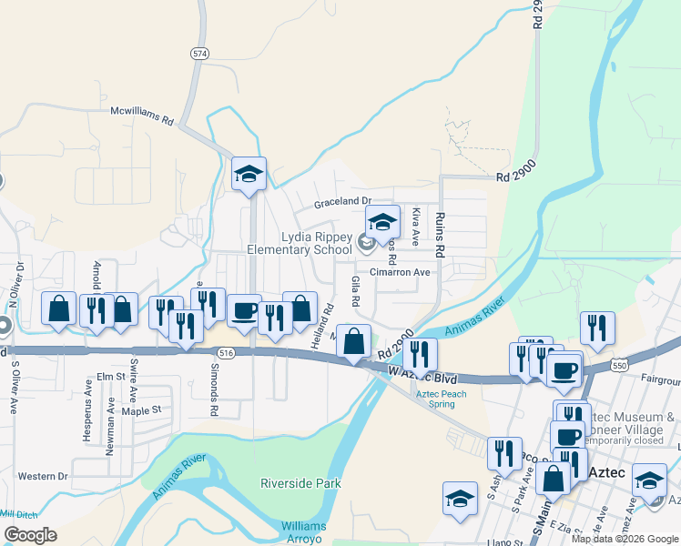 map of restaurants, bars, coffee shops, grocery stores, and more near 1201 Parkland Drive in Aztec