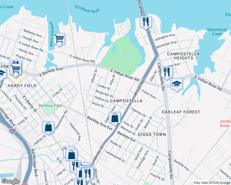 map of restaurants, bars, coffee shops, grocery stores, and more near 1113 Leake Street in Norfolk