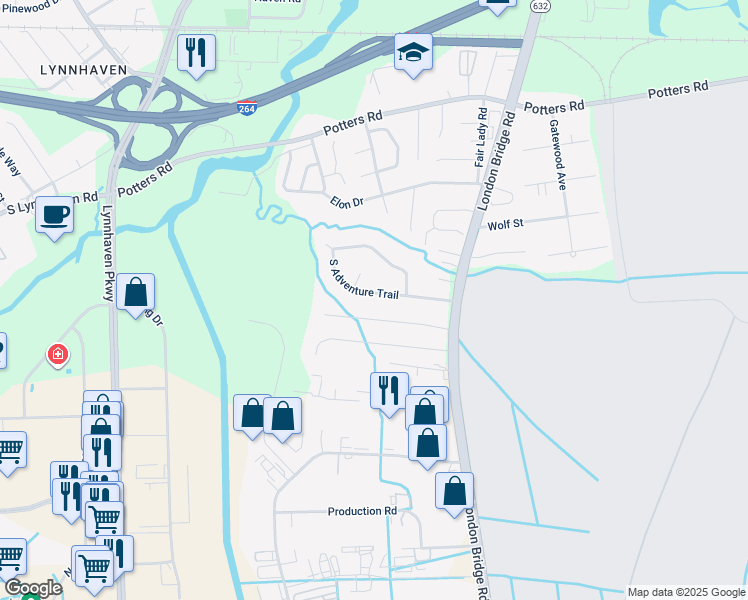 map of restaurants, bars, coffee shops, grocery stores, and more near 2513 South Adventure Trail in Virginia Beach