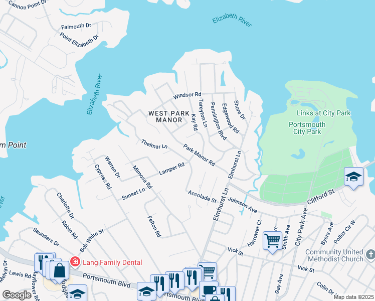map of restaurants, bars, coffee shops, grocery stores, and more near 305 Park Manor Road in Portsmouth