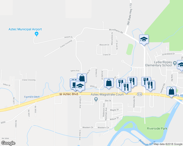 map of restaurants, bars, coffee shops, grocery stores, and more near 304 Mesilla Drive in Aztec