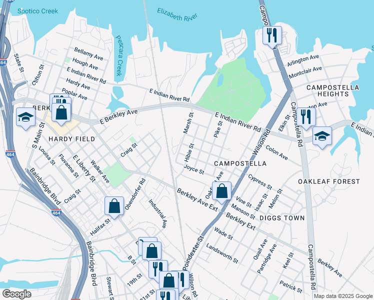 map of restaurants, bars, coffee shops, grocery stores, and more near 1500 Marsh Street in Norfolk