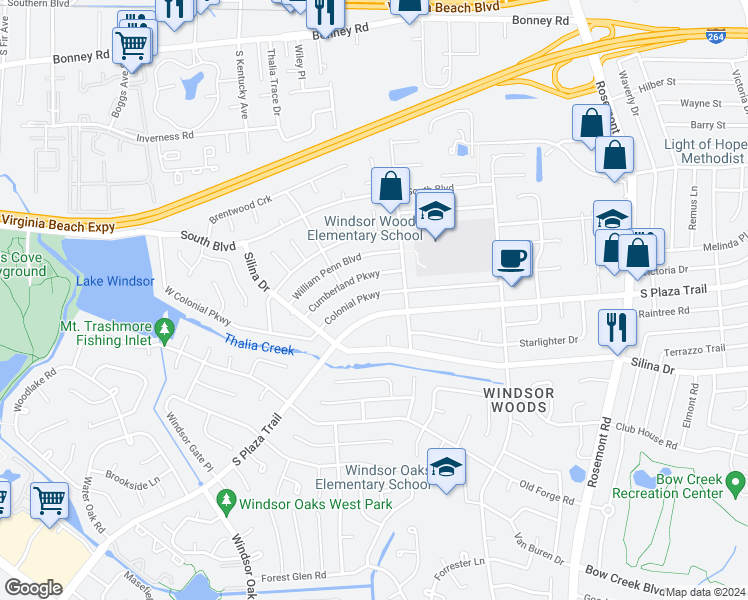map of restaurants, bars, coffee shops, grocery stores, and more near 3817 Colonial Parkway in Virginia Beach