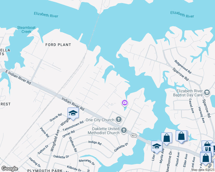 map of restaurants, bars, coffee shops, grocery stores, and more near 302 Kemp Lane in Chesapeake