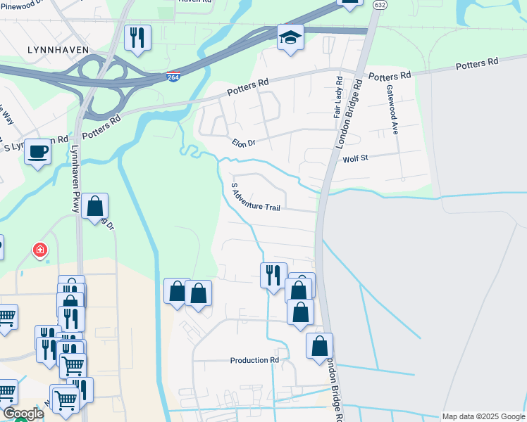 map of restaurants, bars, coffee shops, grocery stores, and more near 2513 South Adventure Trail in Virginia Beach
