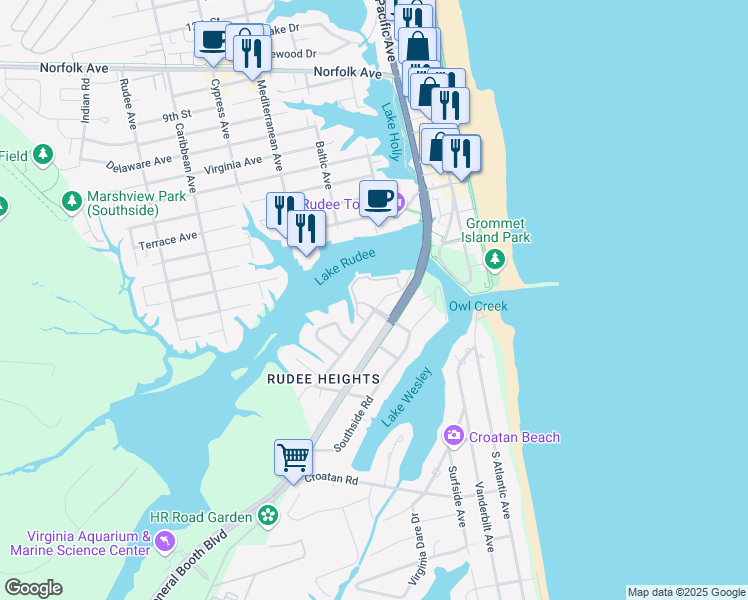 map of restaurants, bars, coffee shops, grocery stores, and more near 409 Harbour Point in Virginia Beach