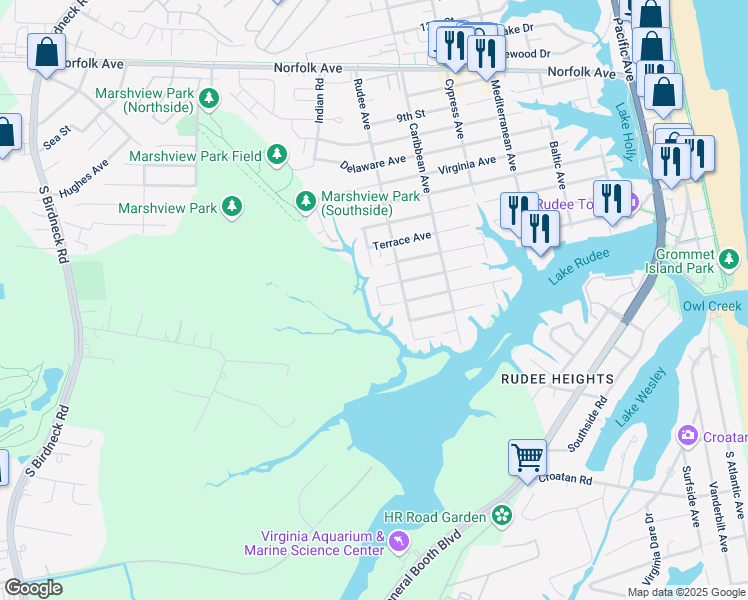 map of restaurants, bars, coffee shops, grocery stores, and more near 120 Indian Avenue in Virginia Beach