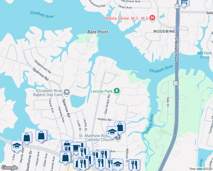 map of restaurants, bars, coffee shops, grocery stores, and more near 913 Norfleet Road in Virginia Beach