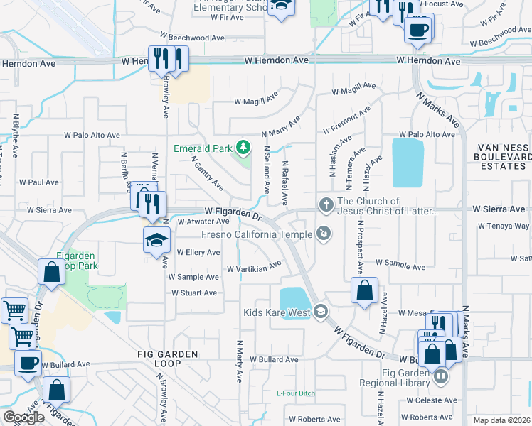map of restaurants, bars, coffee shops, grocery stores, and more near 3515 West Menlo Avenue in Fresno