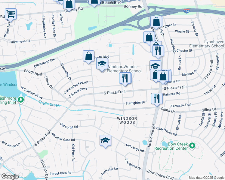 map of restaurants, bars, coffee shops, grocery stores, and more near 3740 South Plaza Trail in Virginia Beach