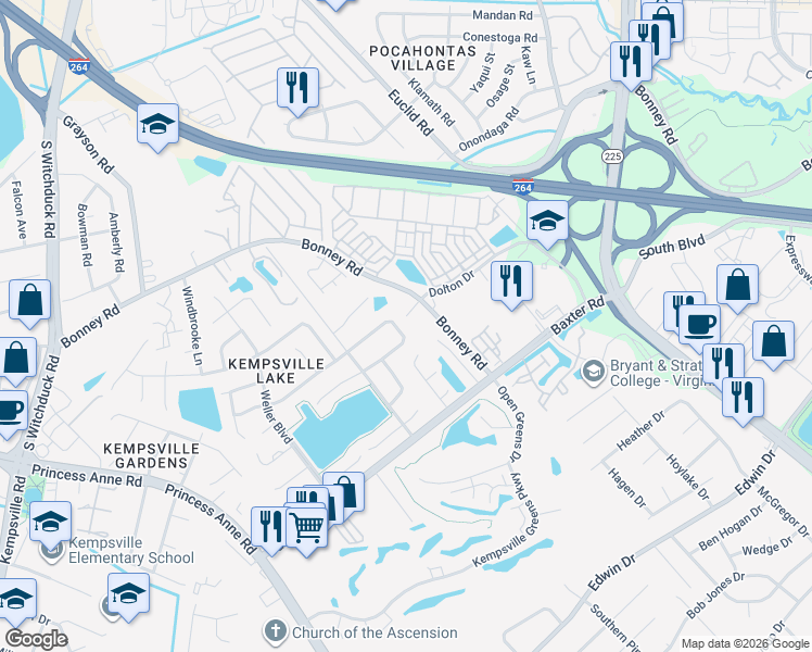 map of restaurants, bars, coffee shops, grocery stores, and more near 4559 Marlwood Way in Virginia Beach
