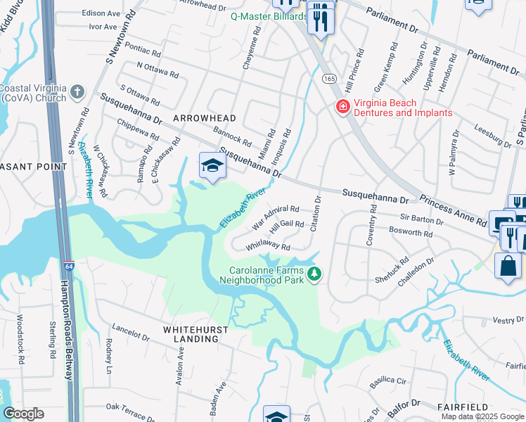 map of restaurants, bars, coffee shops, grocery stores, and more near 5544 War Admiral Road in Virginia Beach