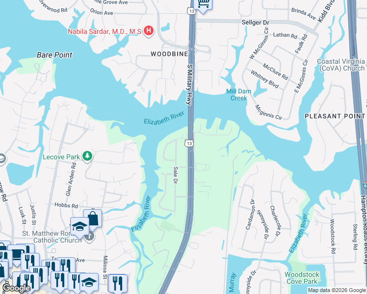 map of restaurants, bars, coffee shops, grocery stores, and more near 413 South Military Highway in Virginia Beach