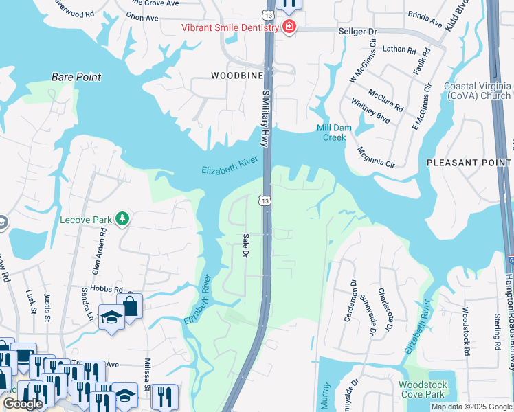 map of restaurants, bars, coffee shops, grocery stores, and more near 409 South Military Highway in Virginia Beach