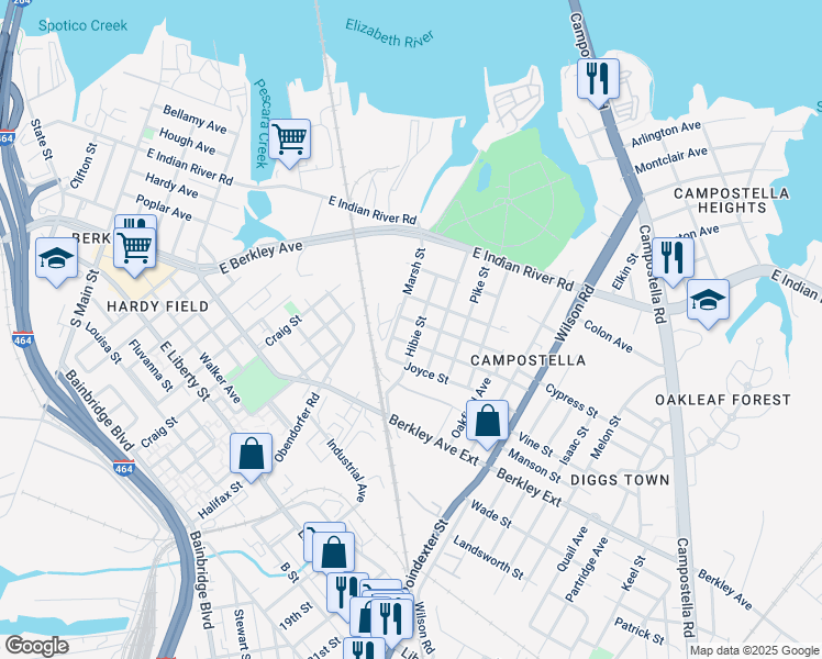 map of restaurants, bars, coffee shops, grocery stores, and more near 1500 Marsh Street in Norfolk