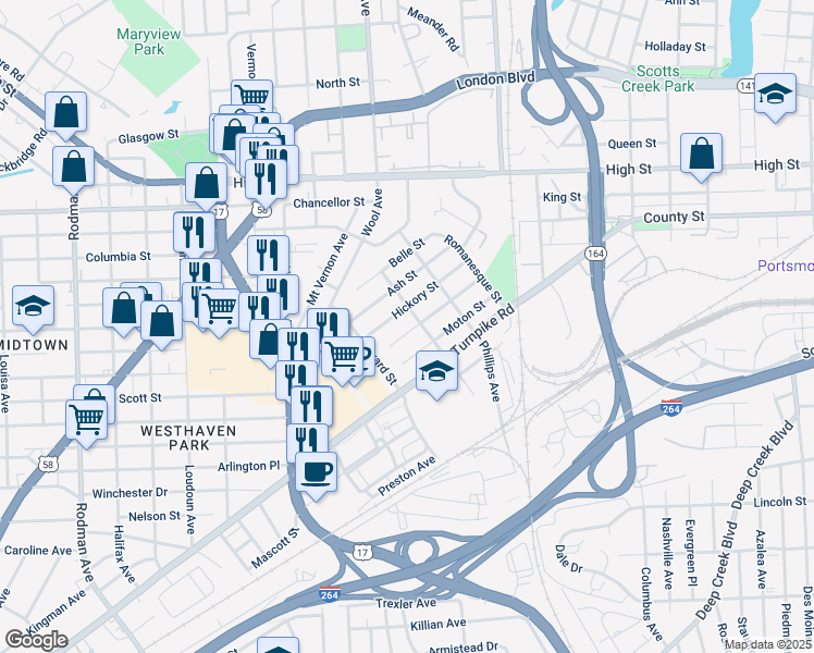 map of restaurants, bars, coffee shops, grocery stores, and more near 2724 Markham Street in Portsmouth
