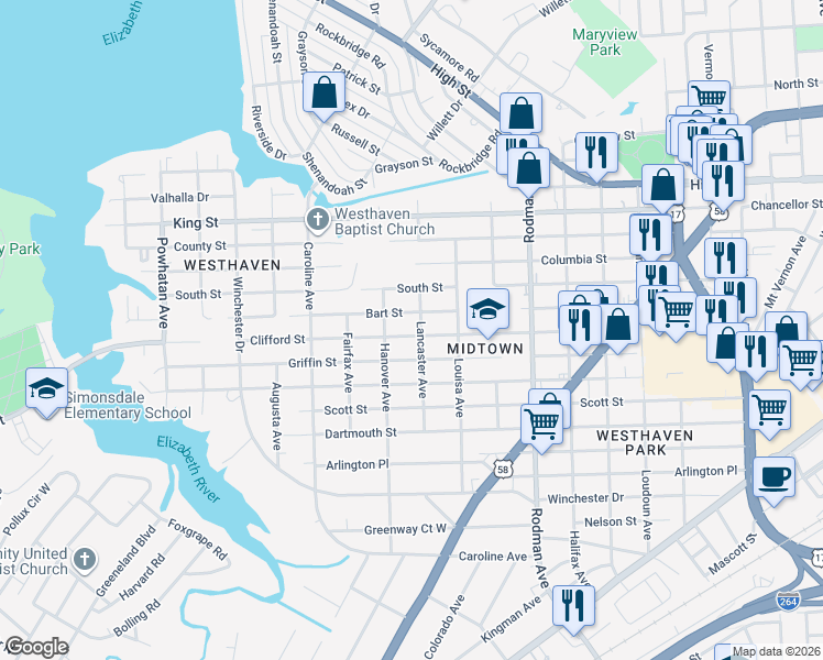 map of restaurants, bars, coffee shops, grocery stores, and more near 3925 Clifford Street in Portsmouth