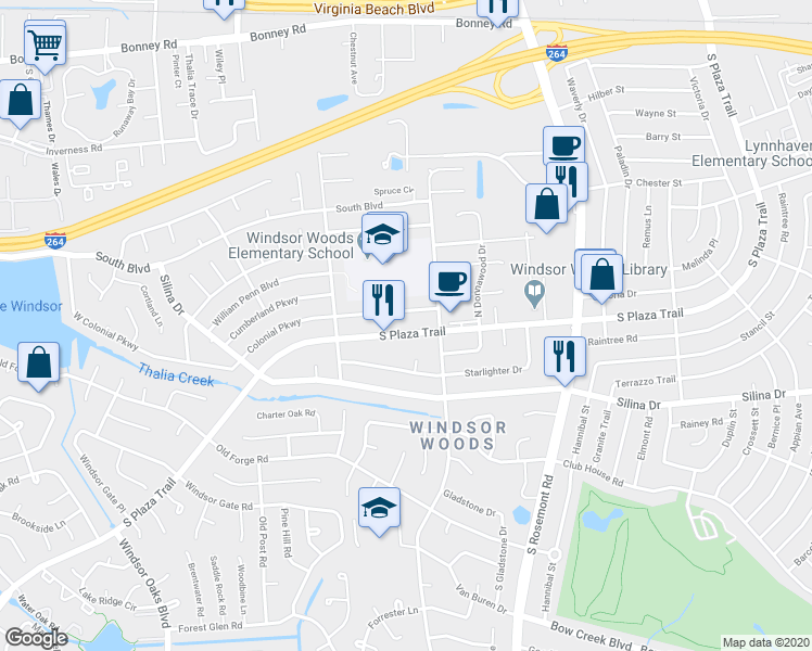 map of restaurants, bars, coffee shops, grocery stores, and more near 3740 South Plaza Trail in Virginia Beach