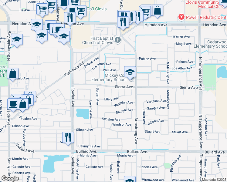 map of restaurants, bars, coffee shops, grocery stores, and more near 45 Burl Avenue in Clovis