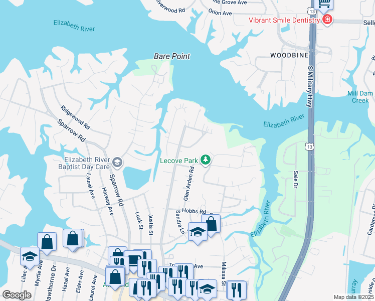 map of restaurants, bars, coffee shops, grocery stores, and more near 913 Norfleet Road in Virginia Beach