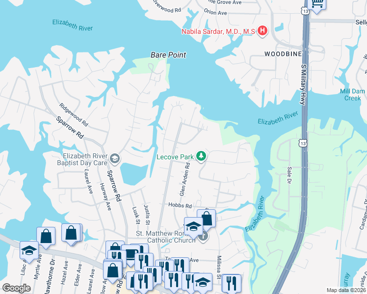 map of restaurants, bars, coffee shops, grocery stores, and more near 913 Norfleet Road in Virginia Beach