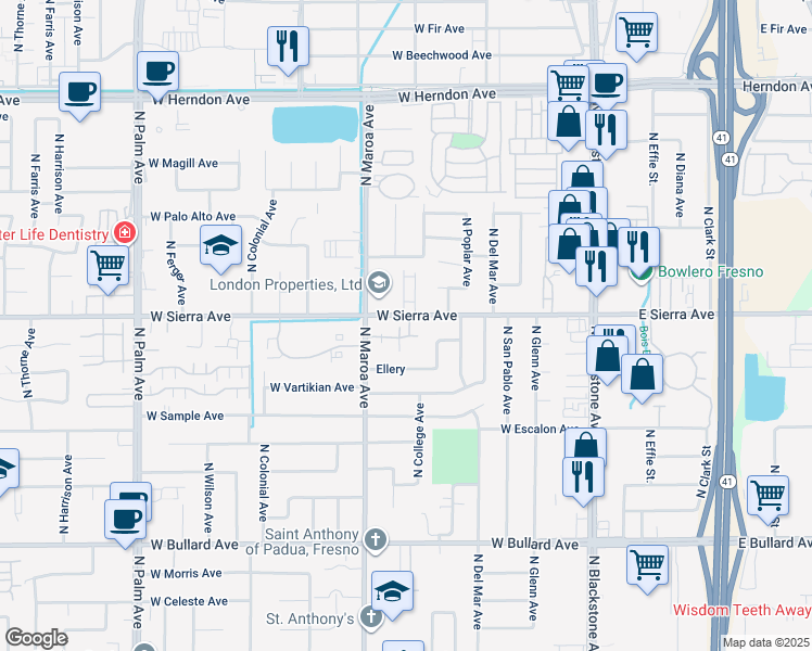 map of restaurants, bars, coffee shops, grocery stores, and more near 355 West Sierra Avenue in Fresno