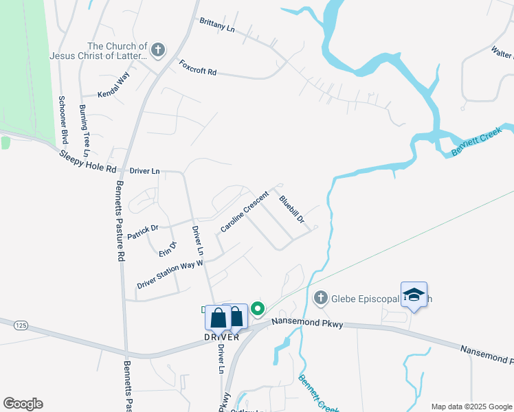 map of restaurants, bars, coffee shops, grocery stores, and more near 2101 Canvasback Drive in Suffolk